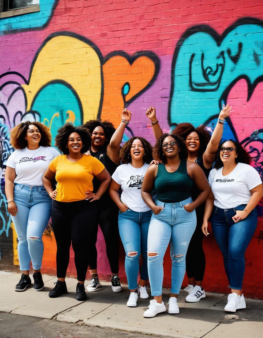 A diverse group of individuals joyfully interacting in a vibrant urban setting, showcasing various body types and styles, emphasizing inclusivity and body positivity. In the background, warm colors blend with playful graffiti art that promotes self-love and community support. The scene should radiate a sense of connection and acceptance, highlighting laughter and camaraderie among the characters. super-realistic. vibrant colors. urban setting.