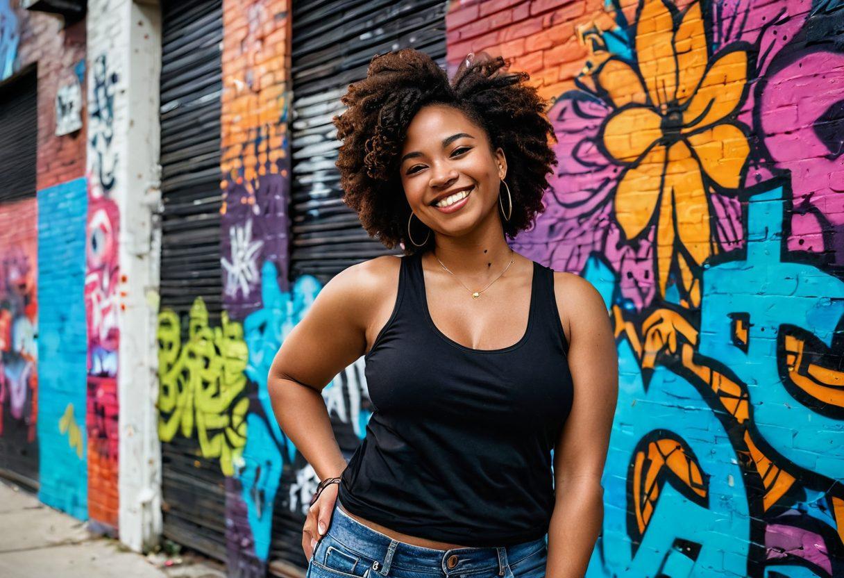 A confident woman of diverse ethnicity in a colorful urban setting, embracing her body with a smile, surrounded by graffiti art that promotes body positivity. Include elements of community, like friends supporting each other, flowers symbolizing growth, and warm sunlight illuminating the scene. The background features a city skyline, adding depth and vibrancy. vibrant colors. graffiti art style.